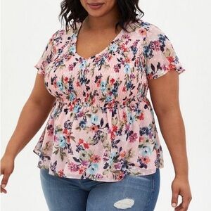 Torrid Women’s Pink V-Neck Peplum Chiffon Click Dot Smocked Floral Top Sz 3X